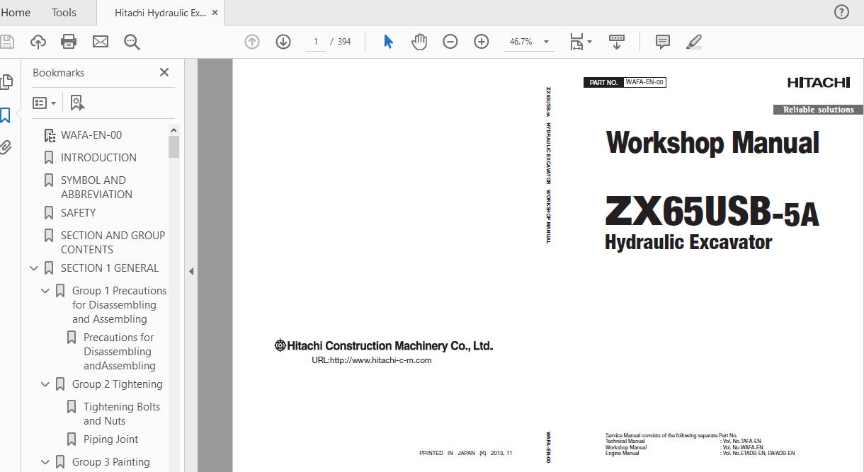Hitachi Hydraulic Excavator ZX65USB WAFA EN 00 Workshop Manual 1