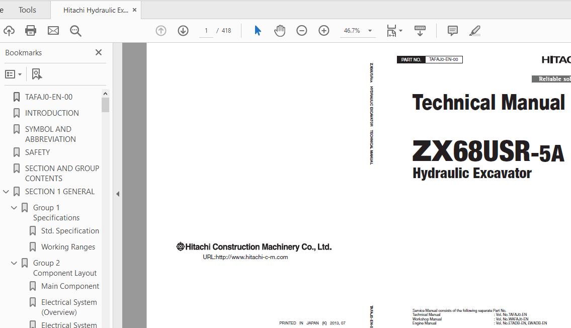 Hitachi Hydraulic Excavator ZX68USR 5A TAFAJ0 EN 00 Technical Manual20150413 1