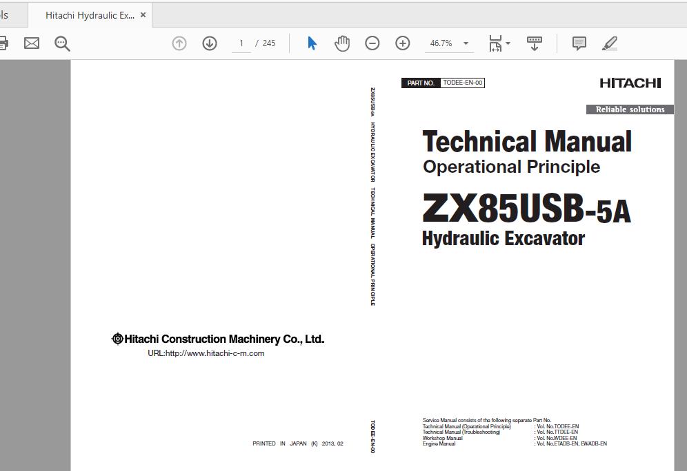 Hitachi Hydraulic Excavator ZX85USB 5A TODEE EN 00 Technical Manual 20170324 1