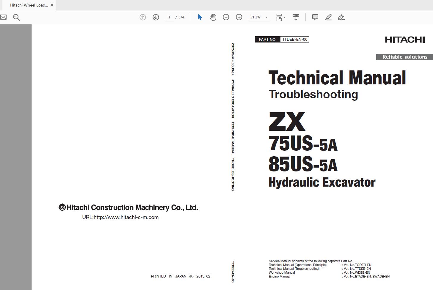 Hitachi Wheel Loader ZX75US 85US 5A TTDEB EN 00 Technical Manual Troubleshooting20140312 1