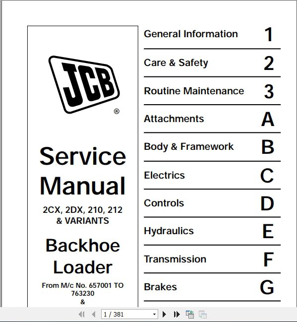 JCB Backhoe Loader 2CX 2DX 210 212 Service Manual 1