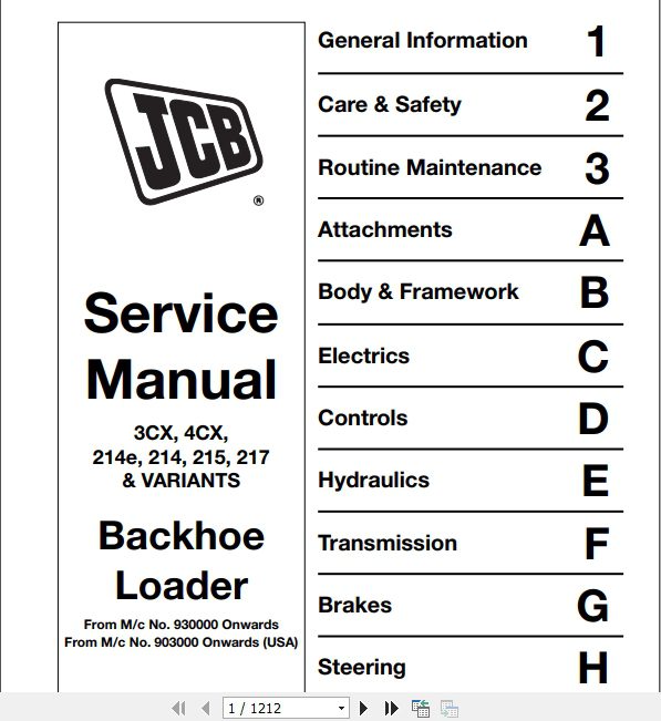 JCB Backhoe Loader 3CX 4CX 214e214 215 217 Variants Service Manual 1