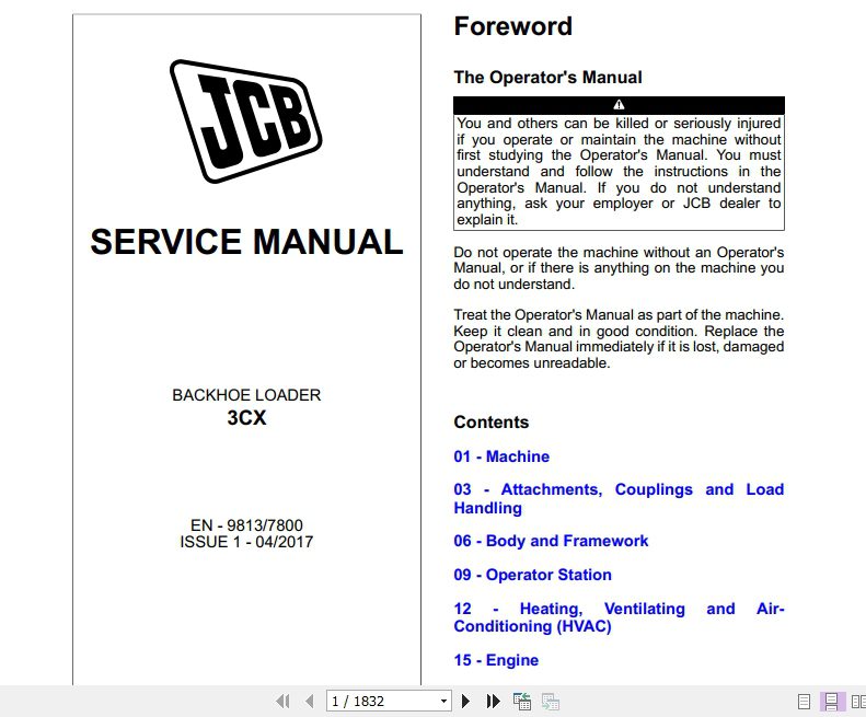 JCB Backhoe Loader 3CX T 4F 55KW Service Manual 1