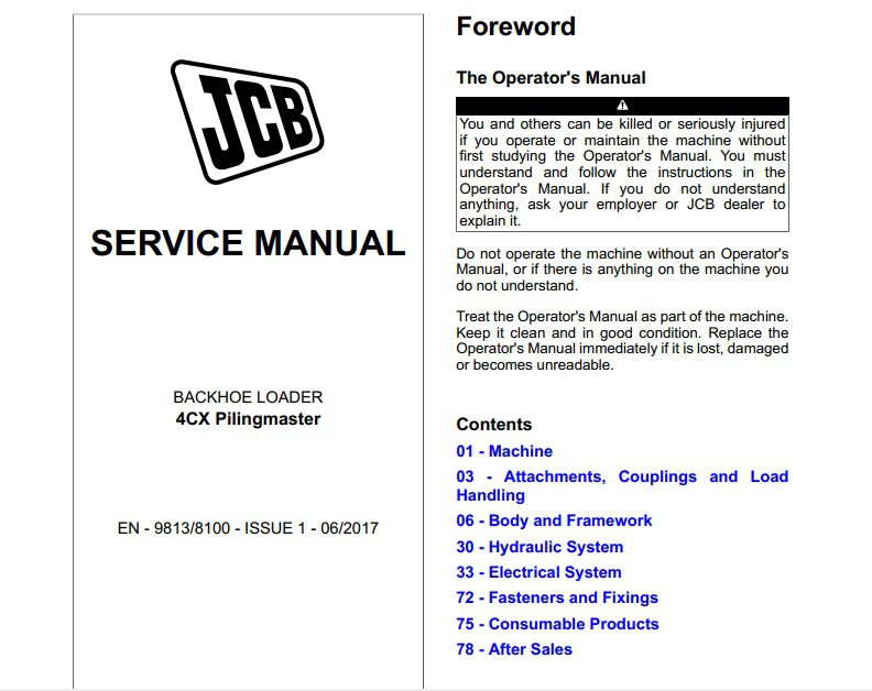 JCB Backhoe Loader 4CX Pilingmaster Supplement Service Manual 1