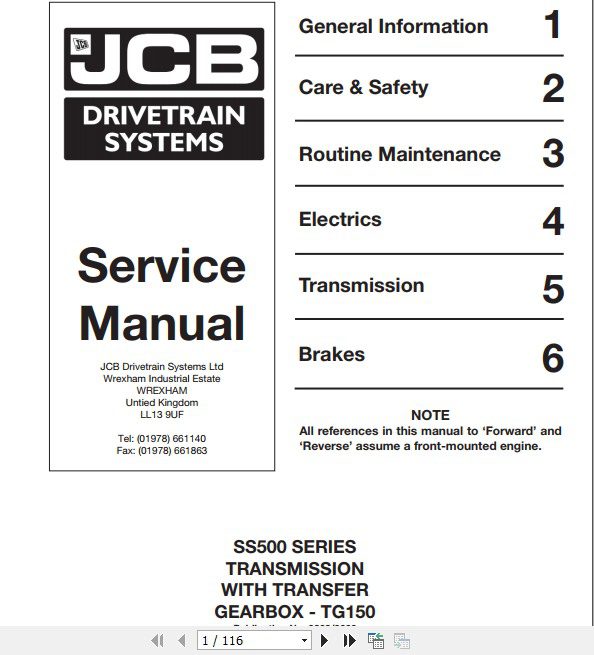 JCB Drivetrain SS500 Series Tranmission With Transfer Gearbox TG150 Service Manual 1