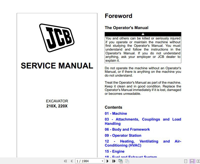 JCB Excavator 210X 220X T4F Service Manual 1