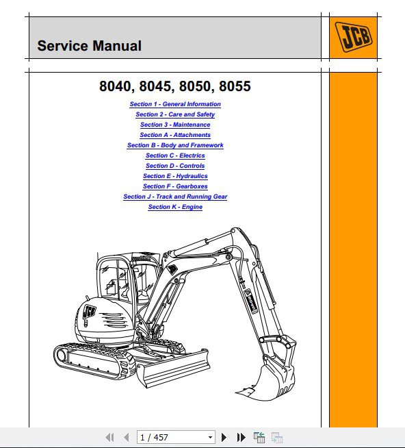 JCB Excavator 8040 8045 8050 8055 supersedes 9803 9360 9803 9890 Service Manual 1