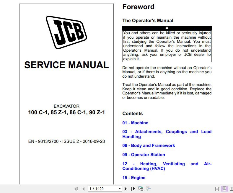 JCB Excavator 85 Z 1 86 C 1 90 Z 1 100 C 1 Service Manual 1