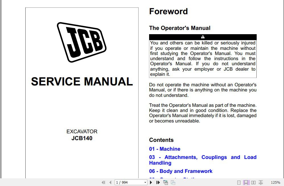 JCB Excavator JCB140 Xtra JCB140 Quarry Master Sevices Manual 1