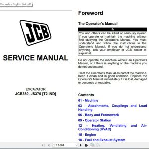 JCB Excavator JCB380 JCB370 Tier 2 Sevices Manual 1