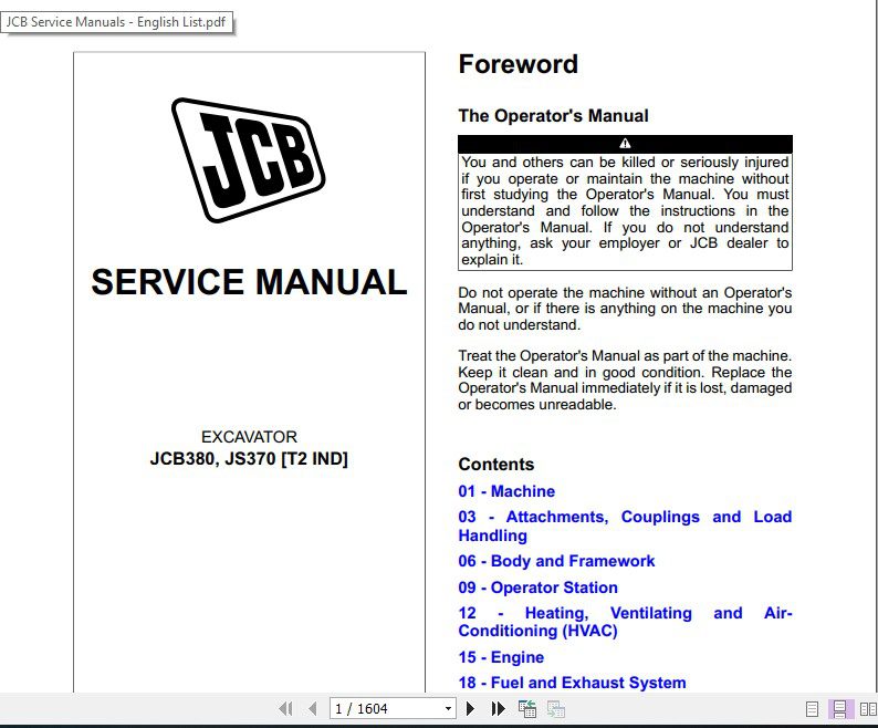 JCB Excavator JCB380 JCB370 Tier 2 Sevices Manual 1
