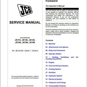 JCB Excavator JS 115130145160180190 Tier 4 Final Sevices Manual 1