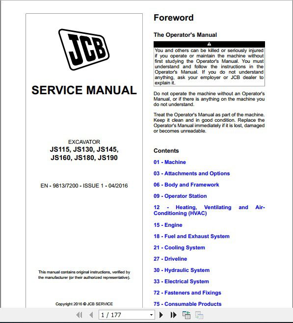 JCB Excavator JS 115130145160180190 Tier 4 Final Sevices Manual 1