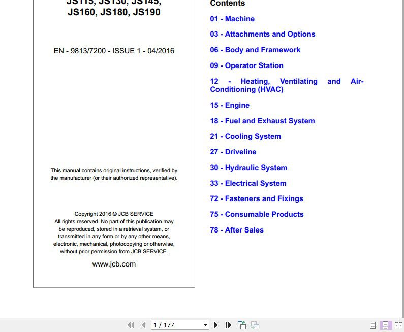 JCB Excavator JS 115130145160180190 Tier 4 Final Sevices Manual 2