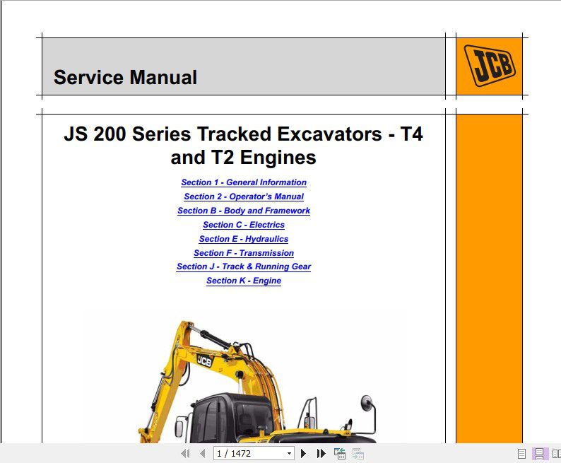 JCB Excavator JS 200 Series Tracked Excavators T4 and T2 Sevices Manual 1