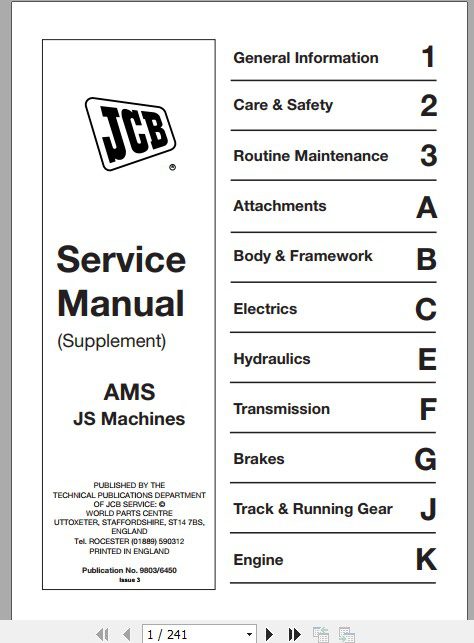 JCB Excavator JS AMS Supplement Sevices Manual 1