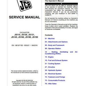 JCB Excavator JS115 130 131 145 160 180 190 T4i and T4F 55KW Sevice Manual 1 1