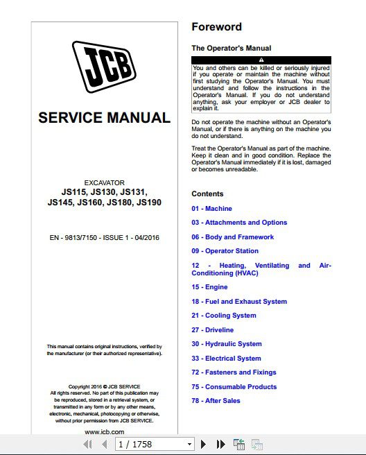 JCB Excavator JS115 130 131 145 160 180 190 T4i and T4F 55KW Sevice Manual 1 1