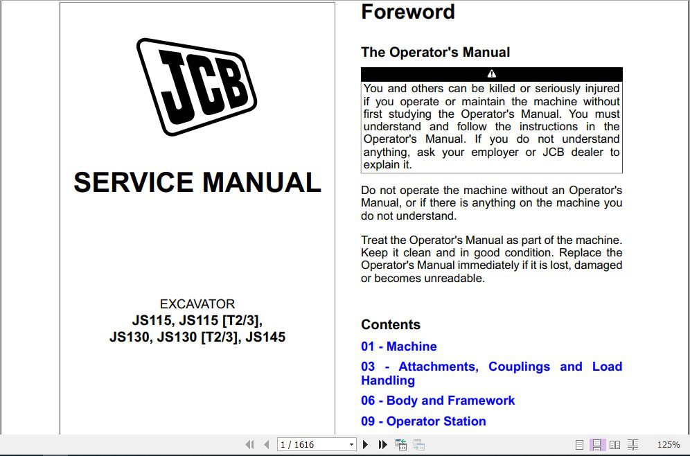 JCB Excavator JS115 JS130 JS145 T2 3 Sevice Manual 1