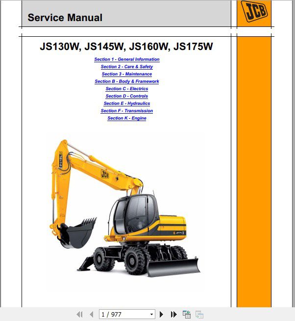 JCB Excavator JS130 175W Isuzu Tier 3 Sevice Manual 1