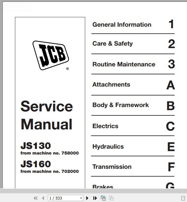 JCB Excavator JS130160 XO AMS Machines Use Supplement 98036450 Sevice Manual 1