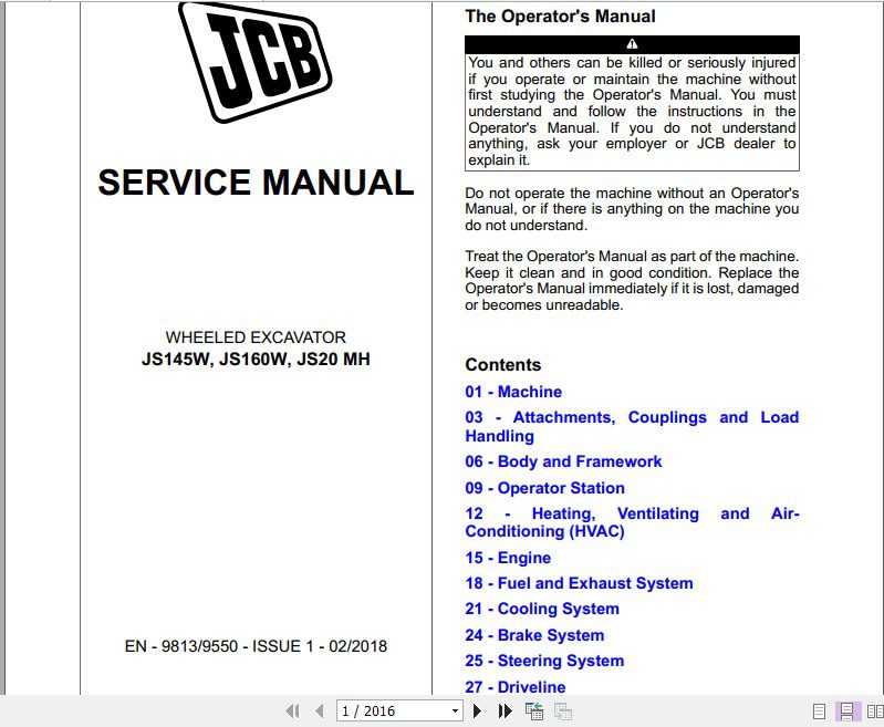 JCB Excavator JS145W JS160W JS20 MH T4F Sevice Manual 1 2
