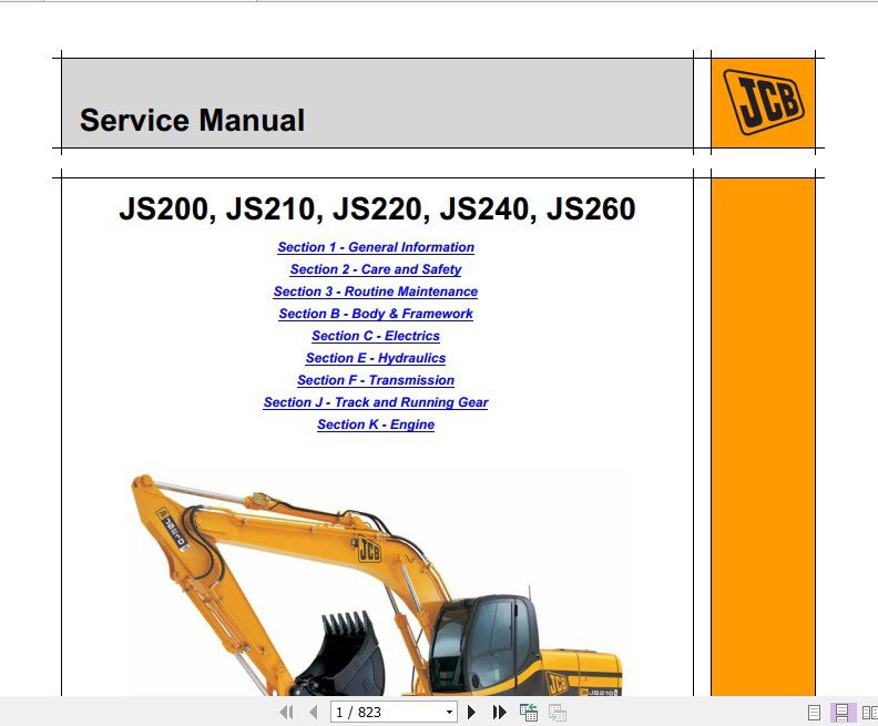 JCB Excavator JS200 260 Tier 2 Sevice Manual 1