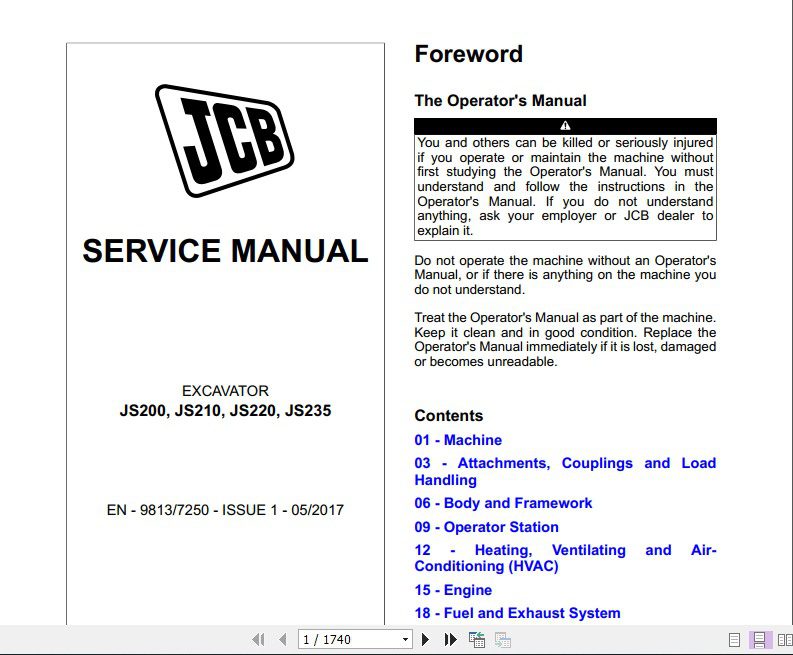 JCB Excavator JS200 JS210 JS220 JS23S T23 Electronic Engine Sevice Manual 1