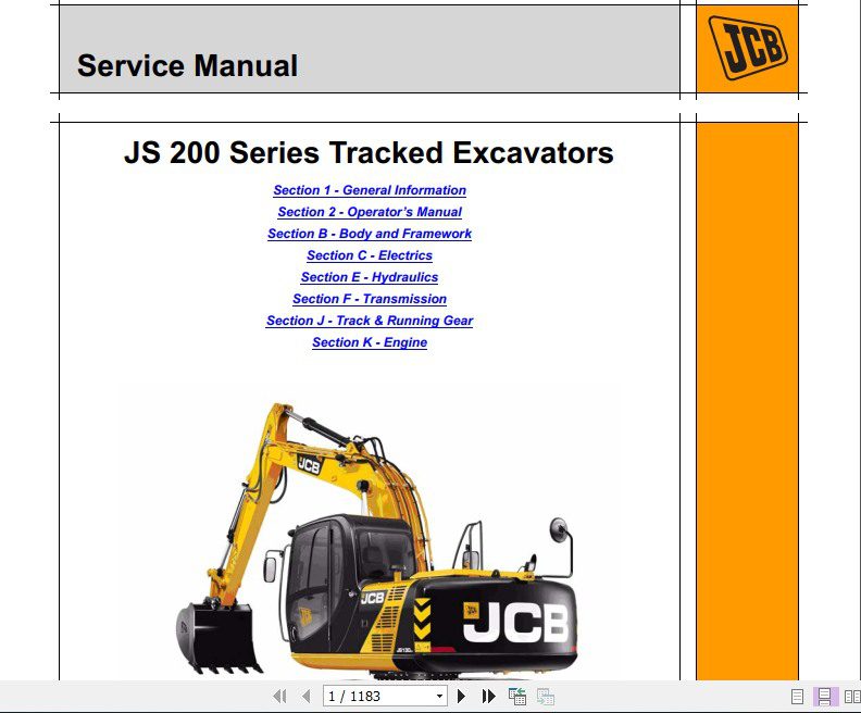 JCB Excavator JS200 Series Tracked Excavators China Sevice Manual 1