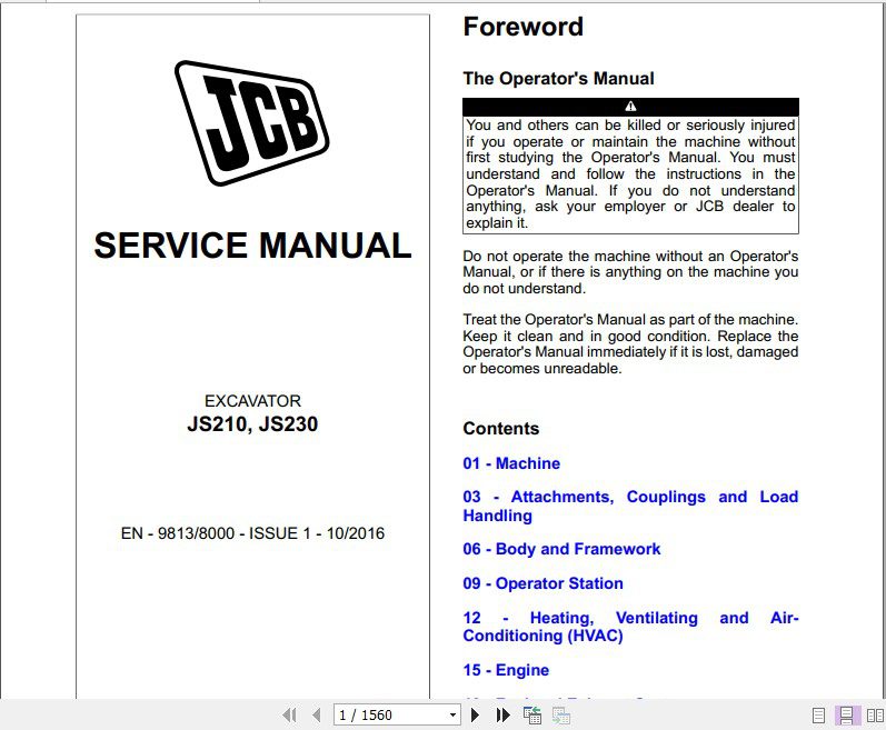 JCB Excavator JS210 JS230 China T4i Sevice Manual 1