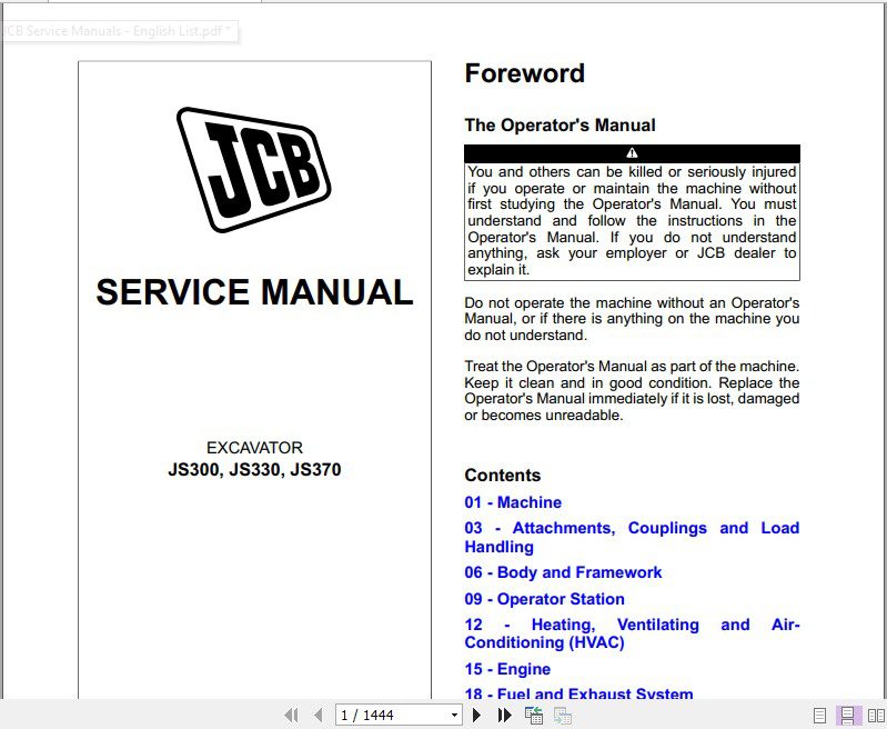 JCB Excavator JS300 330 370 T4 MTU engine Sevice Manual 1
