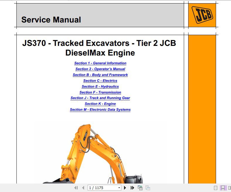 JCB Excavator JS370 Tracked Excavators Tier 2 JCB DieselMax Engine Sevice Manual 1