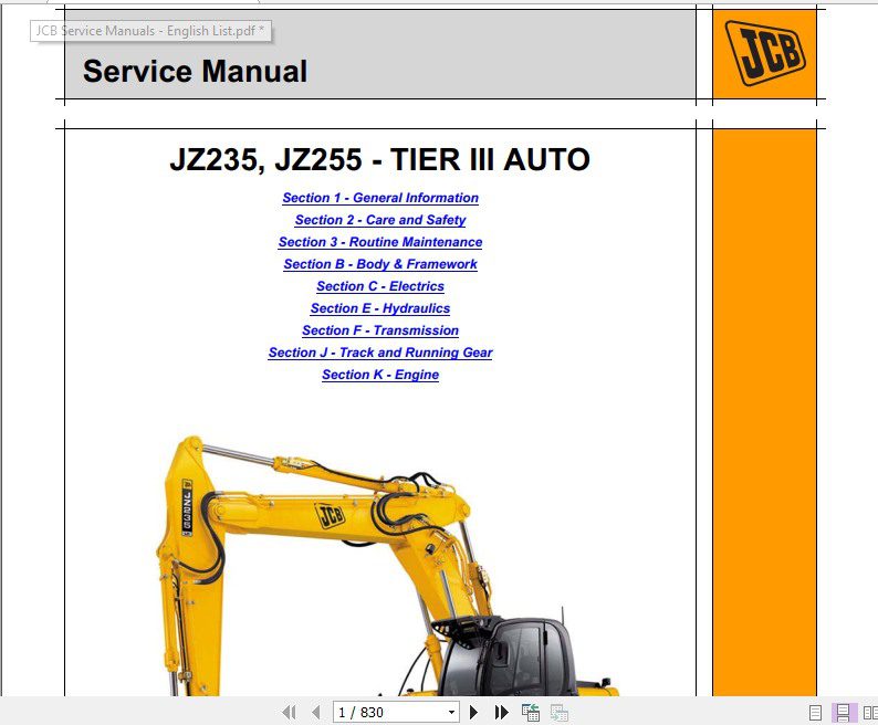 JCB Excavator JZ235 255 lsuzu Tier 3 Sevice Manual 1