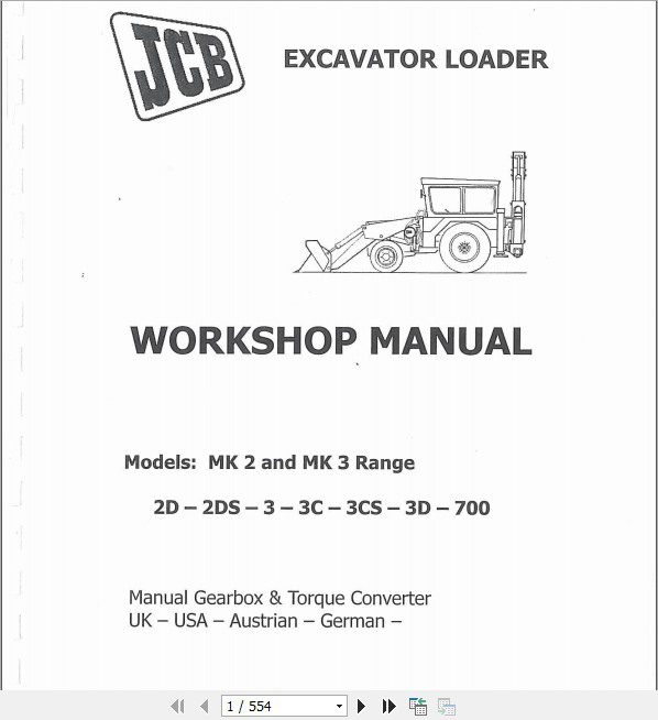 JCB Excavator Loader 2D 2DS 3 3C 3CS 3D 700 MK2 and MK3 Ranger Workshop Manual 1