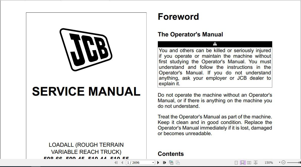 JCB Liftall 508 66 509 45 510 44 510 55 T4F Service Manual 1