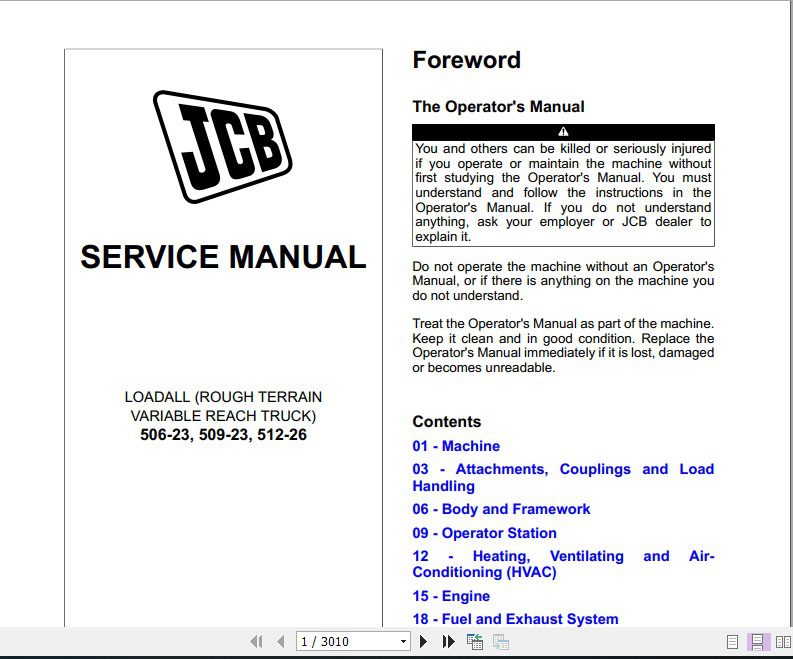 JCB Liftall Loadall 506 23 509 23 512 26 T4F Service Manual 1