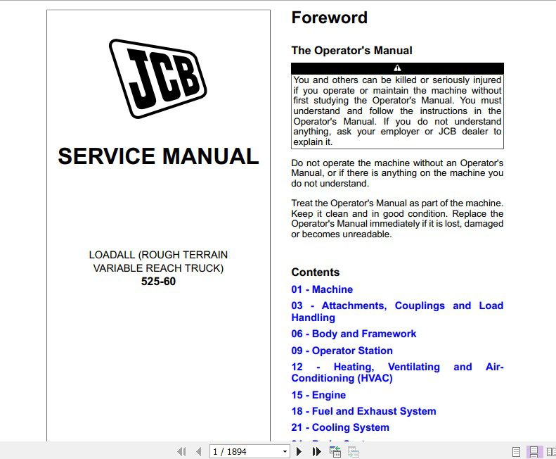 JCB Liftall Loadall 525 60 Service Manual 1 1