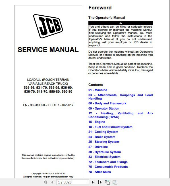 JCB Liftall Loadall 526 56 531 70 535 95 536 60 536 70 541 70 550 80 560 80 T2 3 Service Manual 1