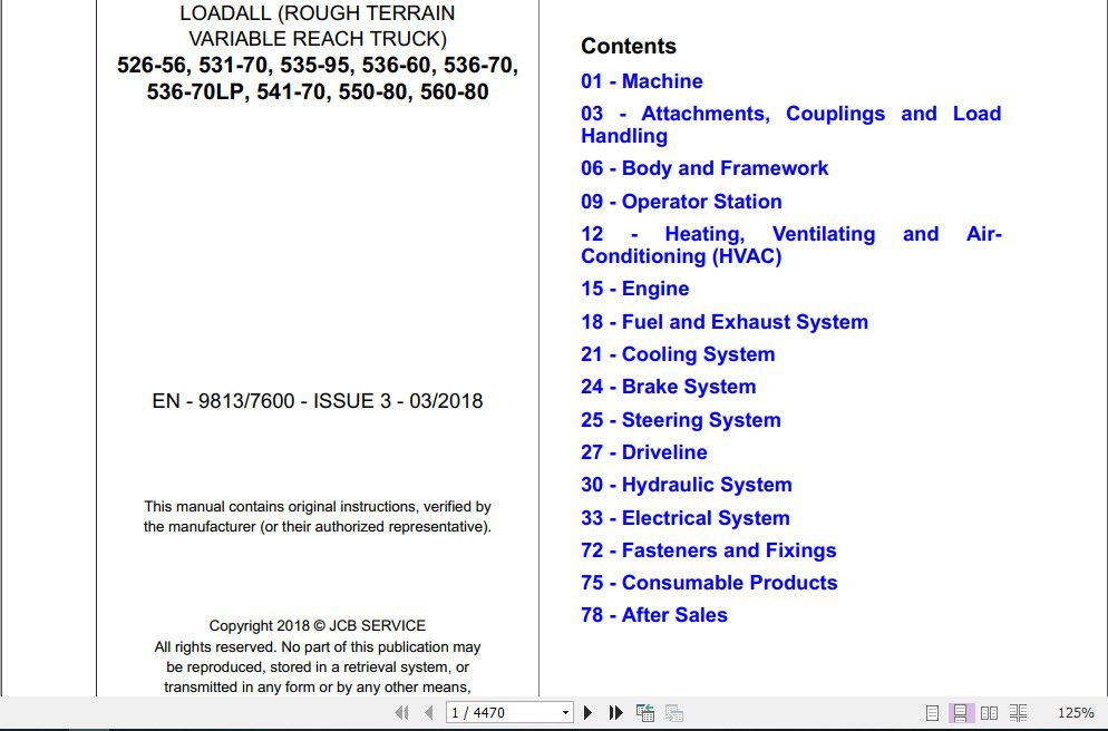 JCB Liftall Loadall 526 56 531 70 535 95 536 60 536 70 5J6 70LP 541 70 550 80 560 80 Service Manual 2