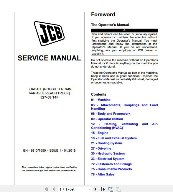 JCB Liftall Loadall 527 58 Tier 4 Final Service Manual 1
