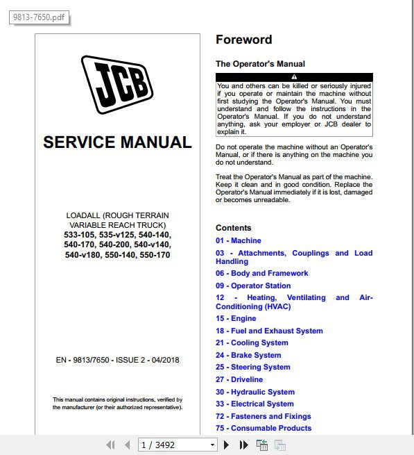 JCB Liftall Loadall 533 105 550 170 Service Manual 1