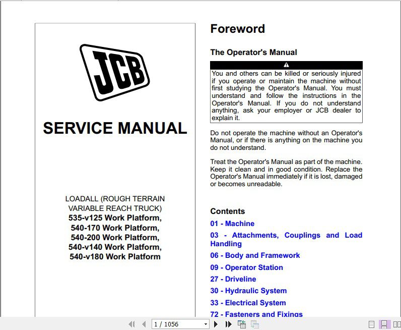 JCB Liftall Loadall 535 V125 540 V140 Work Platform Supplement Service Manual 1