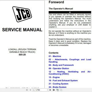JCB Liftall Loadall Rough Terain Variable Reach Truck 505 20 Service Manual 1