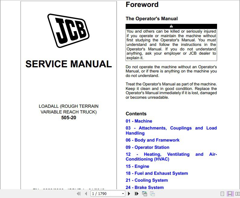 JCB Liftall Loadall Rough Terain Variable Reach Truck 505 20 Service Manual 1