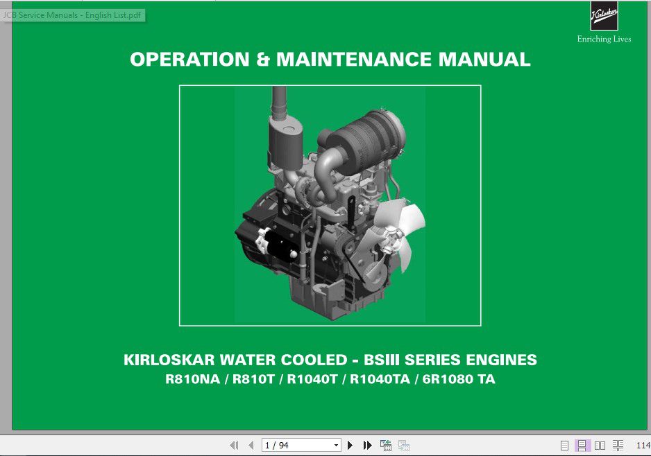 JCB Mobile Platform Kirloskar Water Cooled BSIII Series Engines Operator Maintenance Manual 1