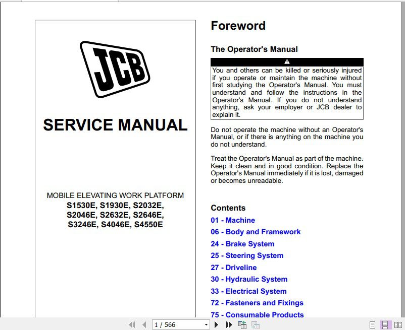 JCB Mobile Platform S1530E S1930E S2032E S2046E S2632E S2646E S3246E S4046E S4550E Sevice Manual 1