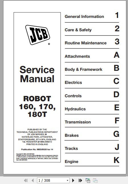 JCB Mobile Platform SkidSteer 160 170 180T 180T HF Tracked Sevice Manual 1