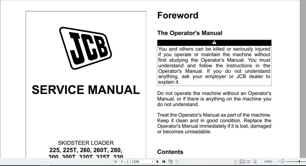 JCB Mobile Platform SkidSteer 225 225T 260 260T 280300 300T 3201 325T 330 T3 T4F Sevice Manual 1