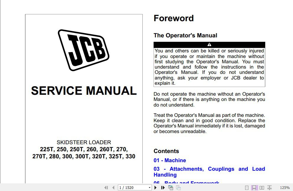 JCB Mobile Platform SkidSteer 225T 250T 325T 330 T3 4 Sevice Manual 1