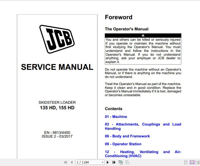 JCB Mobile Platform SkidSteer Loader 135 HD 155HD Sevice Manual 1